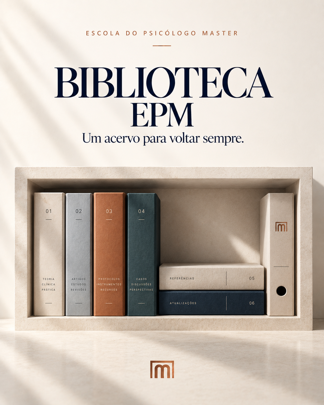 Biblioteca EPM: coleção de livros e materiais de estudo em uma estante clara.